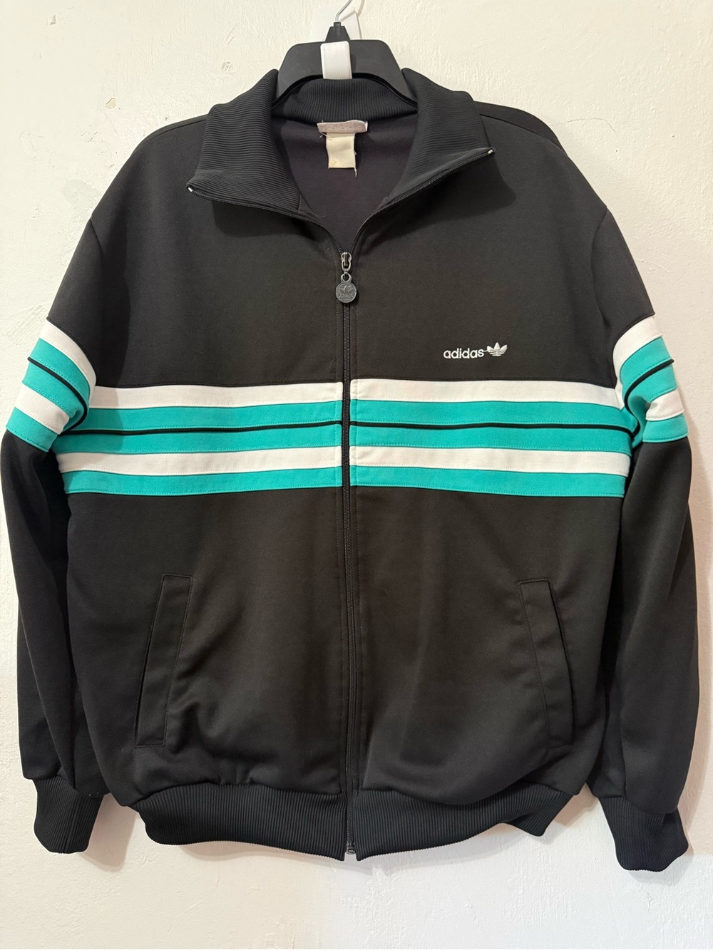 Vintage 80s Adidas Track Jacket Black White Turquoise Striped Polyester